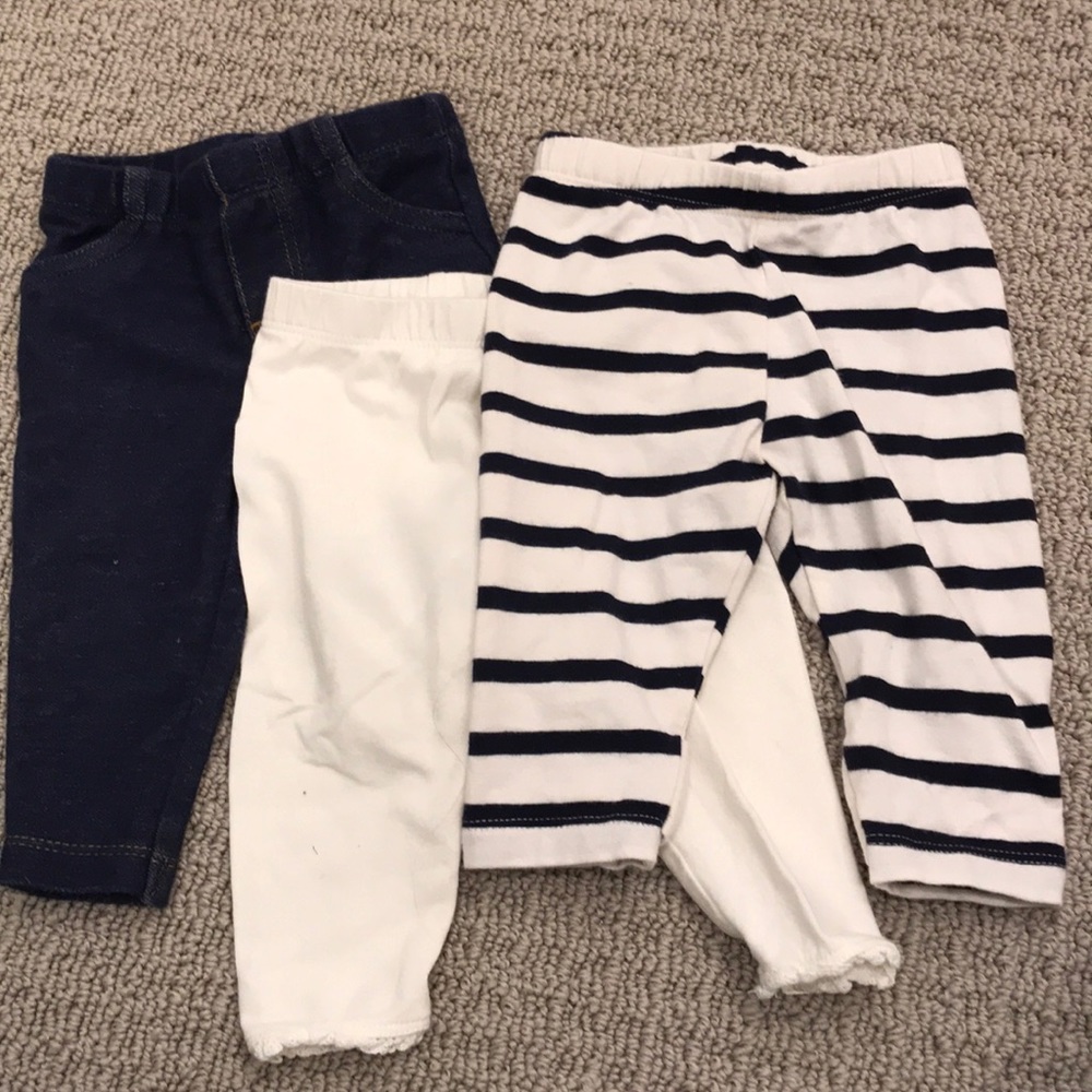 3 Pair-Jean, Cream, and navy striped leggings